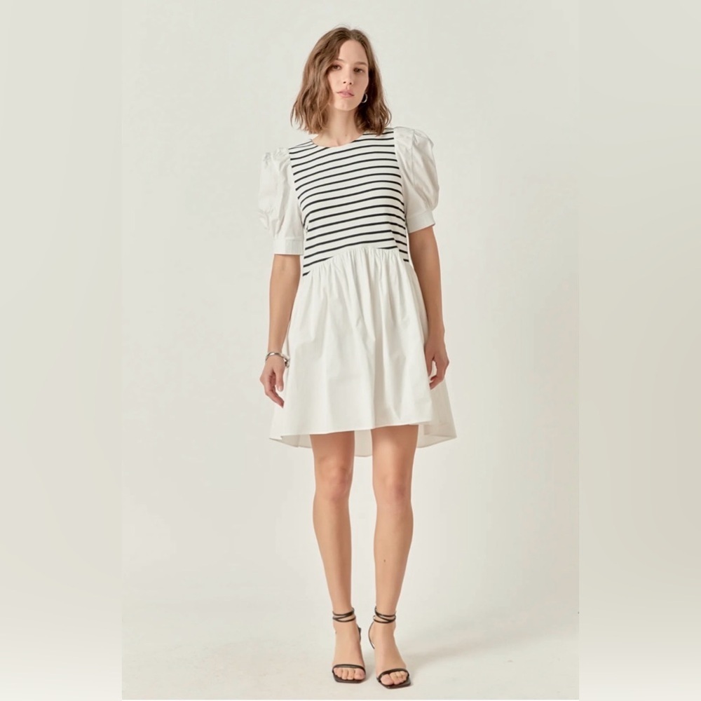 English Factory Puff Sleeve High Low Knit Combo Dress in Black and White Stripe